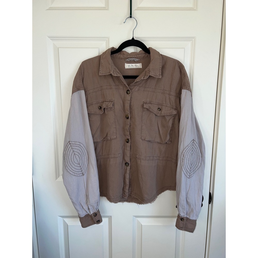 Free People Linen Blend Cargo Pocket Colorblock Button Down Top Size Large‎